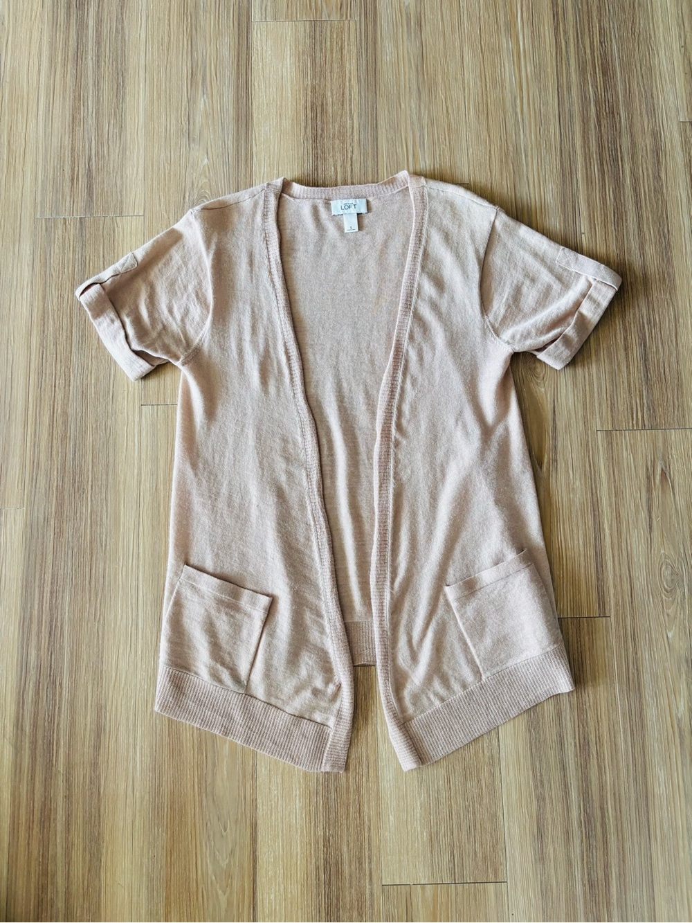 VTG LOFT Cardigan Sweater Tan Wool Open Short Sleeve Pockets Womens S Preppy Y2K
